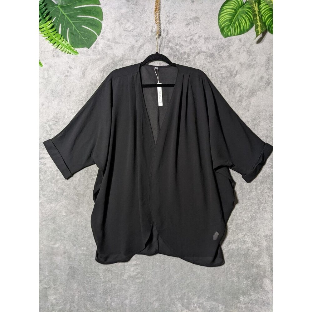 🍑OLRAIN Women Knit Top Coverup Open Front Sheer Solid Black Short Sleeve MEDIUM